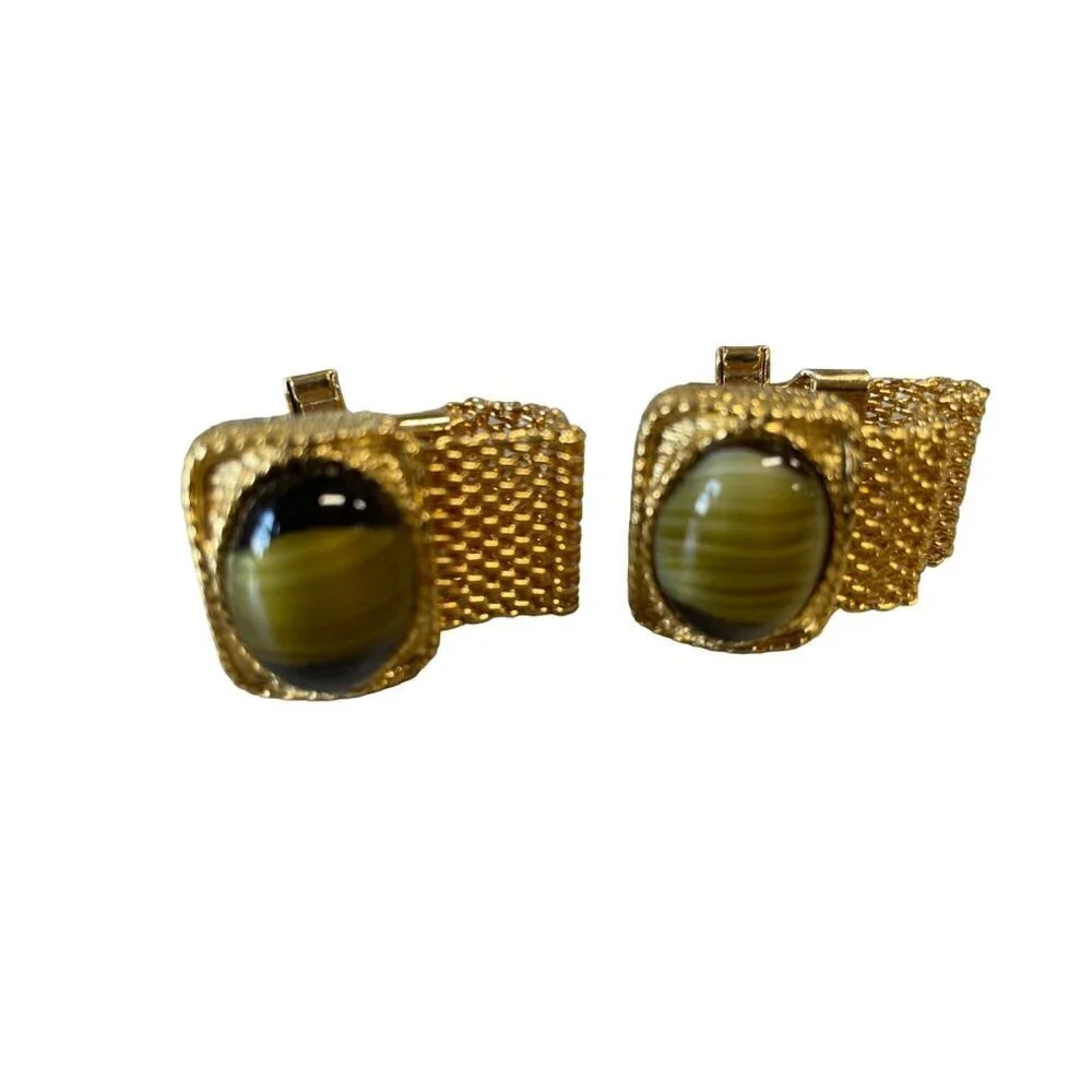 Vtg Gold Tone Fancy Frame Brown Green Swirl Art Glass‎ Stone Mesh Wrap Cufflinks